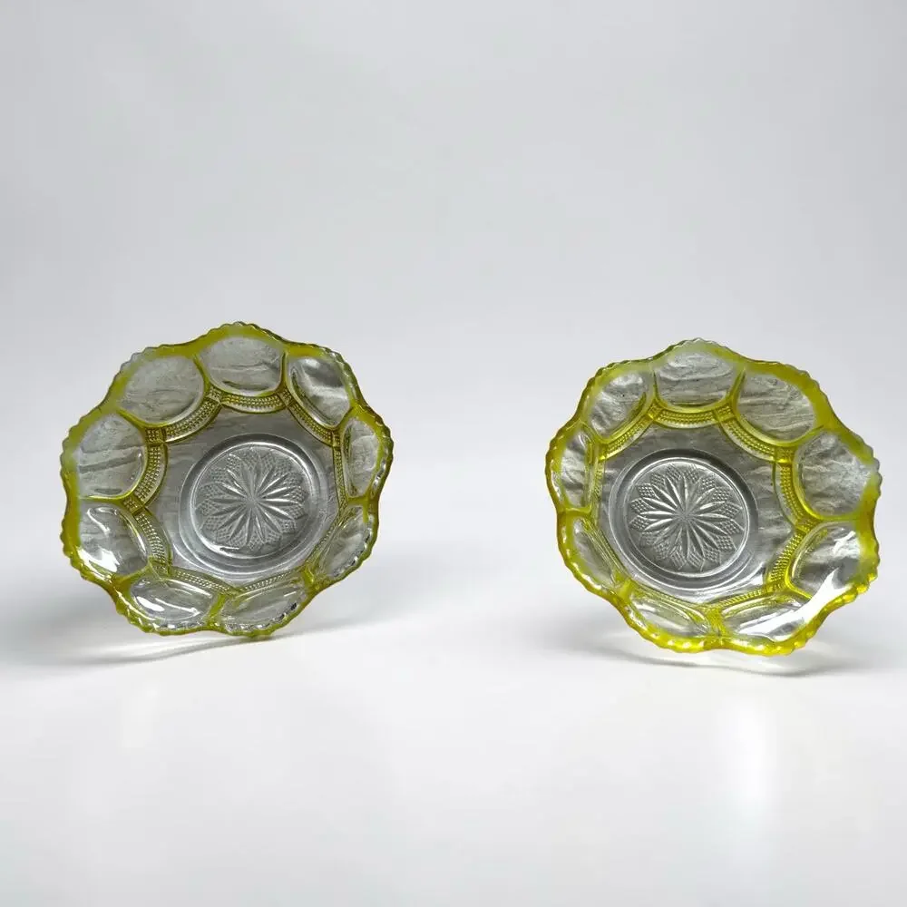 Set of 2 Yellow Pressed Glass Dessert Bowls | Scalloped Rim Clear Yellow Vintage